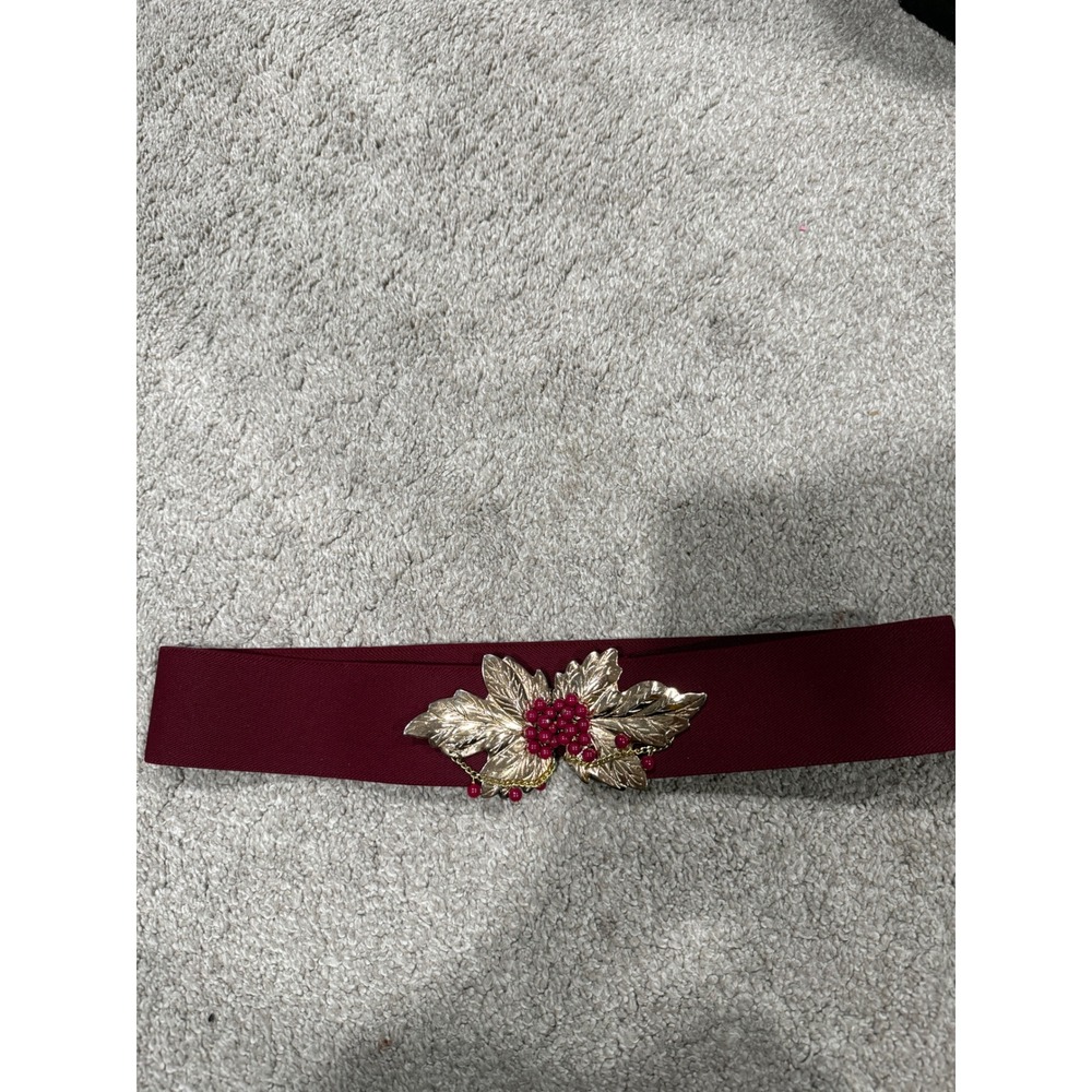 Burgundy Elastic Cinch Belt Gold Holly Leaf Berry Buckle Holiday Christmas Wide